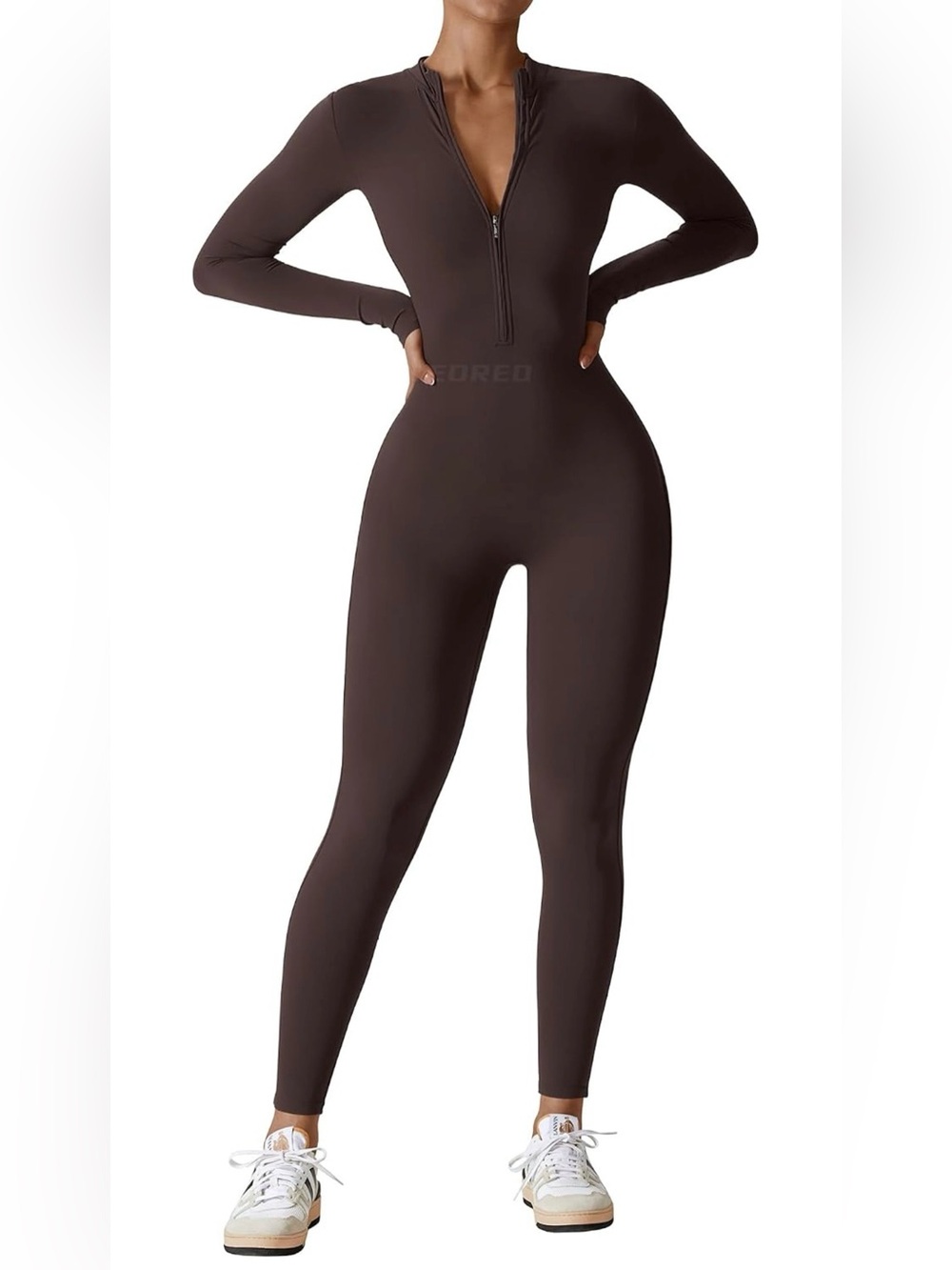 Long-Sleeve Zip-Front Women’s Jumpsuit in Dark Brown